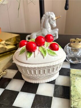 Vintage Seymour Mann Ceramic Cherry Jam Jar Cherry Fruit Theme Bowl  Lid 1970s